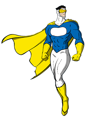 Caped super-hero wearing yellow, blue, and white costume looking wistfully into the distance